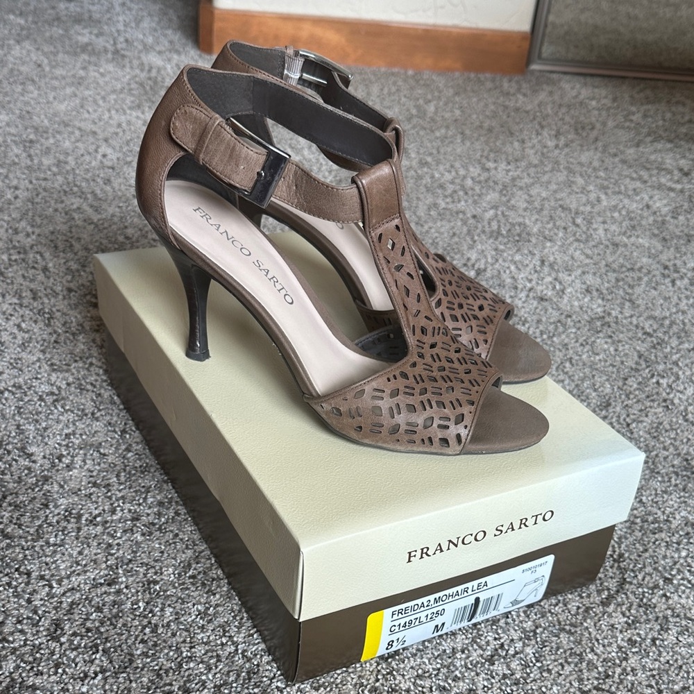 Franco Sarto Brown Freida-2 Mohair Lea Laser-Cut T-Strap Heels with Buckle Ankle